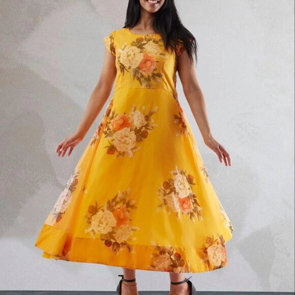 Floral Print Yellow Organza Below-Knee Dress | Muvvas Boutique - Picture 2 of 5